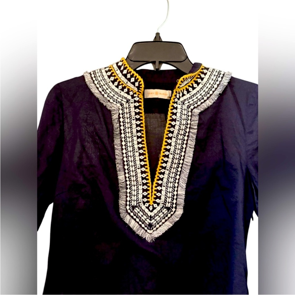 Tory Burch Navy Top with Gold and White Embroidery, size 6 - Picture 2 of 6